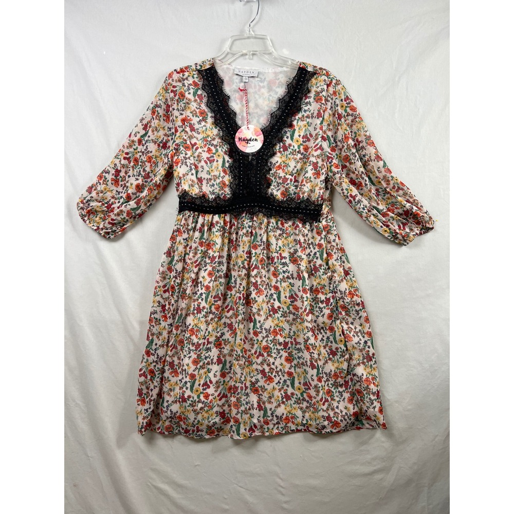 Hayden Floral Mini Dress Women L Multi-Color Lace Trim Studded V-Neck CottageNEW